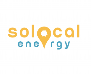 Das Logo von SoLocal Energy. Oranger Schriftzug "solocal" und darunter blauer Schriftzug "energy". Das "o" von local ist durch einen als Sonne stilisierten Standortmarker ersetzt.